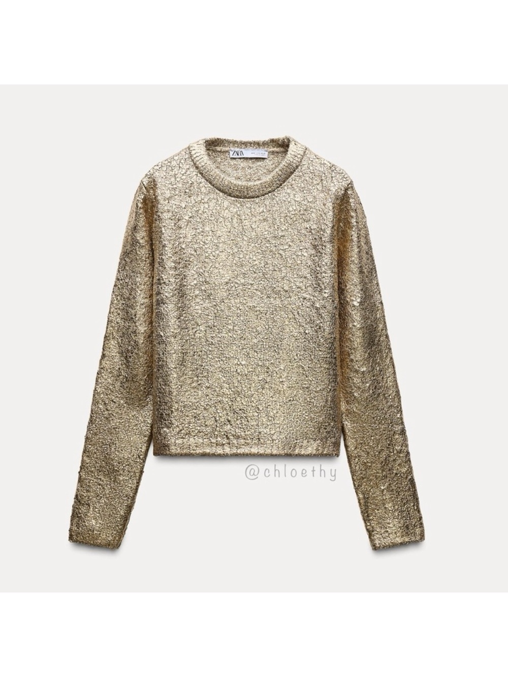 ZARA Gold Metallic Crackled Crewneck Sweater